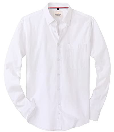 J.VER Men's White Oxford Shirt Long Sleeve Regular Fit Casual Plain Button Down Smart Dress Shirts for Men Adult with Pocket L