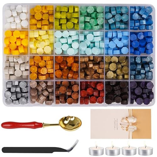 MICTER Siegelwachs Perlen Set, 24 Farben 600 Stück Siegelstempel Achteckig mit 1 Löffel, 4 Weißen Kerzen und 1 Pinzette für Wachs Umschlägen, Briefe, Hochzeitseinladungen Karten und DIY