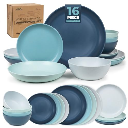 Grow Forward 16-piece Premium Wheat Straw Dinnerware Sets for 4 - Unbreakable Dishwasher & Microwave Safe Plastic Plates and Bowls Sets - Patio, Outdoors, RV, Camping Dishes - Seascape