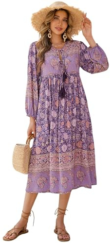 R.Vivimos Donne Eleganti Casual Bohemian Print Neck Tie Maniche Lunghe Abito da Spiaggia Lungo Midi Vestito Vacanze