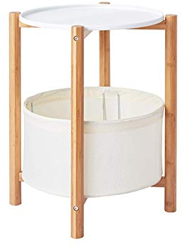 Sofa-Beistelltisch, Weiß, Grau, Korb, rund, Bambus, Schreibtisch/Tische, kleiner Frühstückstisch, Couchtisch, Tablett, Beistelltisch für Wohnzimmer, platzsparender Tisch mit Aufbewahrungskorb, weiß,