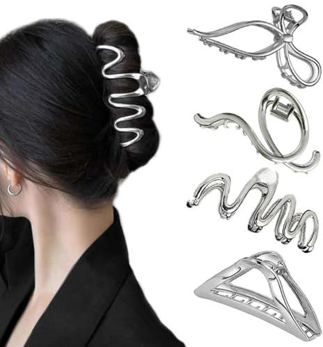 ZSPERKLA Lot de 4 grandes pinces à cheveux en métal pour cheveux épais, antidérapantes, argentées, accessoires pour cheveux pour femmes et filles