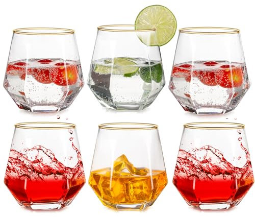 Inweder Drinking Glasses Set of 6 - Stemless Wine Glasses Au Vodka Glass Old Fashioned Gold Rim Whiskey Glasses Kraken Rum Glass Geometric Whisky Tumbler Gift Set for Men Birthday Father Anniversary