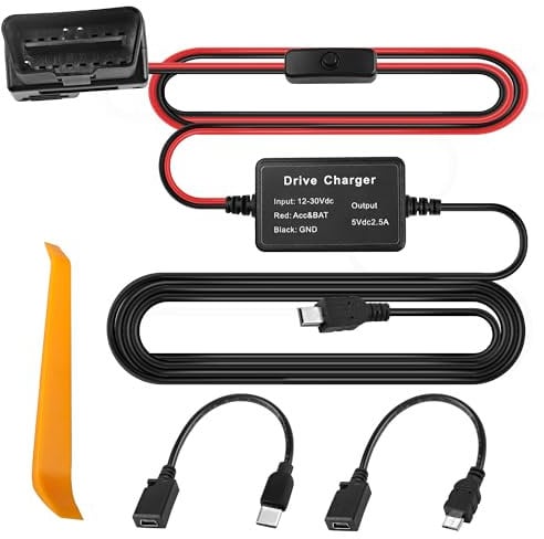 MEIRIYFA OBD OBD2 Stromkabel für Dash Kamera Mini USB/Mirco USB/Typ C 16Pin OBDII Step Down Hardwire Kit Ladegerät Kabel 12V 24V zu 5V 2A mit Schalter Button Konverter Kabel (3.2M)