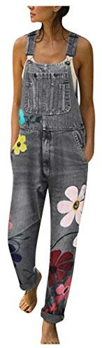 Salopette de travail décontractée en jean pour femme - Imprimé floral vintage - Salopette à bretelles - Coupe ample - Bretelles réglables - Combinaison, gris, S