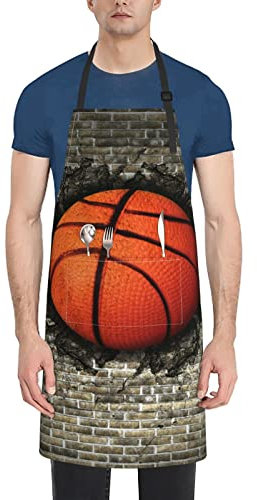 Unisex-Latzschürze mit 2 Taschen, Basketball, eingebettete Ziegelmauer, Küche, Kochen, Kochschürzen für Grillen, Backen, Gartenarbeit, Schwarz , One size