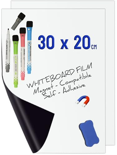 Minadax 2x Mini Whiteboard Folie 30 x 20cm | Magnet Haftend | Zuschneidbar + Stifte + Wischer