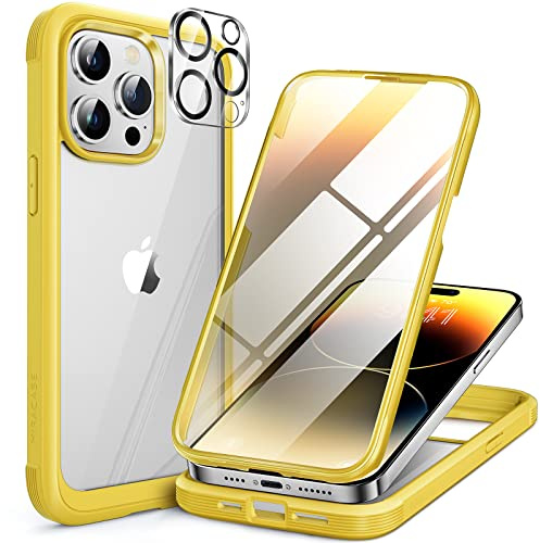 Miracase 360 Grad für iPhone 14 Pro Max Hülle mit Eingebaut Glas Schutzfolie, Komplettschutz HandyHülle Stoßfest Case für iPhone 14 Pro Max Schutzhüllen 6,7 Zoll, Zitronengelb