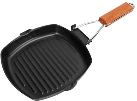 Poêle à Steak Portative En Fonte, Poêle à Griller Antiadhésive Avec Poignée En Bois Pliante, Poele Grill Induction Plaque BBQ Poêle En Fonte Poêle Grill Carré 20 Cm