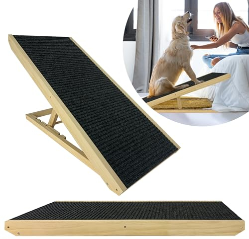 VA-Cerulean Hunderampe aus Holz, Klappbar Hundetreppe Höhenverstellbar, Hundetreppe für Bett Sofa 60cm Hoch, rutschfeste Treppe für Hunde und Katzen, Max. Tragfähigkeit 100 kg, 100x40x60cm