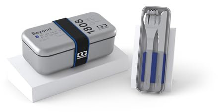 monbento - Set Repas Nomades Beyond - Boite Inox Alimentaire pour Micro Ondes MB Sense + Couverts Lunch Box avec Étui MB Slim Box - Sans BPA - Durable, Réutilisable et Sûr - Bleu