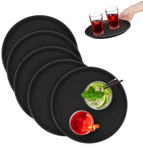 Relaxdays Bandejas Camarero, Pack de 5, Antideslizantes, Redondas, para Bar y Restaurante, Ø 28 cm, Plástico, Negro, Caucho