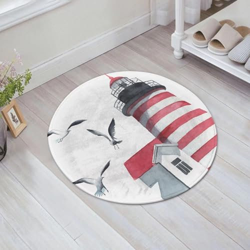 EMFSLA rutschfest Badezimmer Badeteppiche,Weich Hochflor Saugfähig Badvorleger Waschbar Flauschige Mikrofaser Badematte,Wohnungsdekor, Leuchtturm und Möwen am Strand Hilfe zur Navigation am,60x60 cm