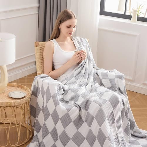 EMME Musselin Decke, Karierte Baumwolldecke für Couch, aus 70% Baumwolle 30% Bambus Sommerdecke, Atmungsaktive Weich & Leicht, Vorgewaschen Sofadecke Tagesdecke, Wohndecke,Grau,130 x 150 cm