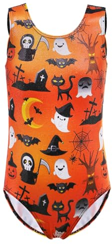 HUAANIUE Mädchen Kinder Gymnastikanzug Halloween Turnanzug Ärmelloses + Langärmelig Tanzkostüm 3-14 Jahre (B136-Orange, 4-5 Jahre)