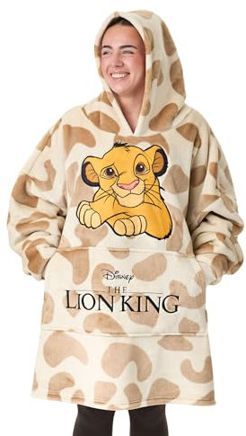 Disney Der Konig der Lowen Tragbarer Decken-Hoodie fur Damen | Beigefarbener Kapuzenpullover fur Erwachsene mit Simba-Charakter-Stickerei und Tier-Allover-Print