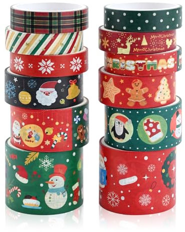 Washi Tape Set 12 Rolls Weihnachten Schwarz Washi Masking Tape Dekorative Klebeband für Scrapbooking DIY Handwerk Bastler verschönert Journals Planer Karten Geschenkverpackung Bänder Hochzeit (Grün)