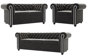 S-Style Möbel Set Sofa 3 Sitzer 2 Sitzer Sessel Couch 3 Stück Freistehend Massivholzfüße Braun Samtstoff Elegant Gesteppt Silberne Metallniete York Schwarz