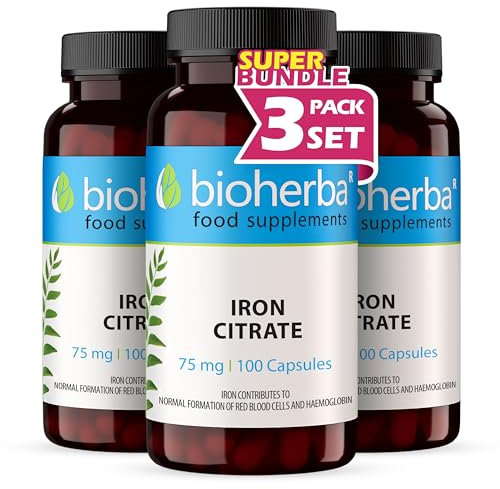 Iron Citrate 75 mg – 300 Capsules | High-Strength Iron Supplement for Red Blood Cell Formation and Energy Support by BIOHERBA