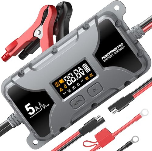 FirstPower Pro 5A Car Battery Charger, 12V/6V Automotive Battery Maintenance Device, Motorcycle Trickle Charger, Pulse Repair, Portable Quick Charge for Lead Acid (AGM/Gel), Lithium
