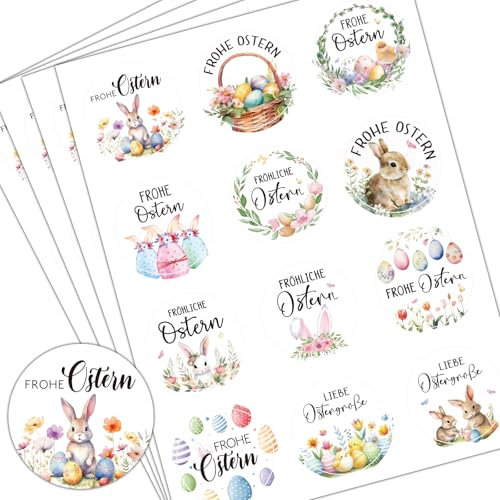 BOOMTOP 240 Frohe Ostern Aufkleber Fröhliche Ostern Sticker Rund 4cm Ostergeschenke Etiketten 12 Motive Ostereier Osterhasen Liebe Ostergrüße Bunte Geschenkaufkleber für Grußkarten Geschenkverpackung