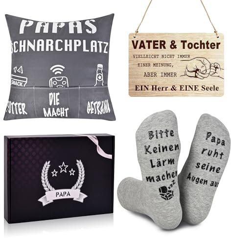 qianduoduo Papa Geschenk Geburtstag, 3 Stück Geschenk Vatertag| Weihnachten, Geschenke für Papa| Männer(Kissenbezug 45x45CM, Socken und Holzschild)