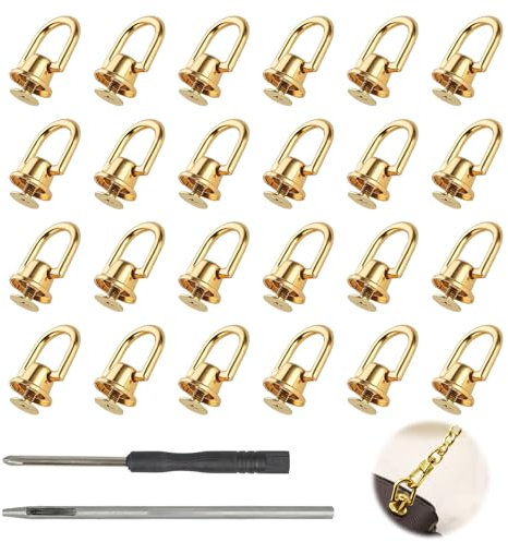 BORISCA 24 Stück Nieten mit D Ring, D Ring Schraube Gold Nieten für Leder mit Ring Drehbare D Ringe Rivets mit Locher und Schraubendreher, D Ring mit Schraube für Geldbeutel Handtasche Rucksäcke