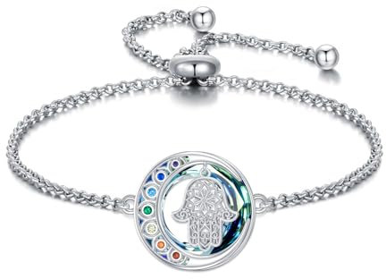 enjoylifecreative Chakra Hamsa Armband für Damen 925er Sterling Silber Hand der Fatima Kristall Armkette 7 Chakren Spirituell Schmuck Geschenke für Frauen und Mädchen