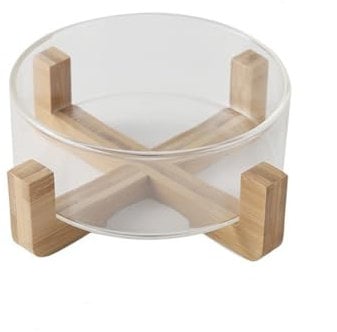 TINGJUNN 600ml/1000ml Glass Salad Bowl with Wooden Stand, Grain Bowl, Mixing Bowl, Fruit Snack Dinner Plate for Appetizer Salad, Fruit. (A)