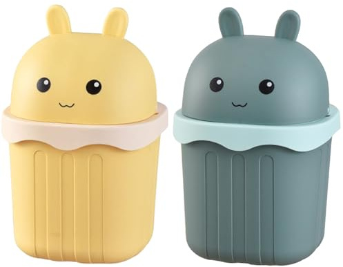 Ayicheyl Lot de 2 petites poubelles de table avec couvercle, caricature pour bureau, chambre d'enfant, bureau, commode (vert + jaune)
