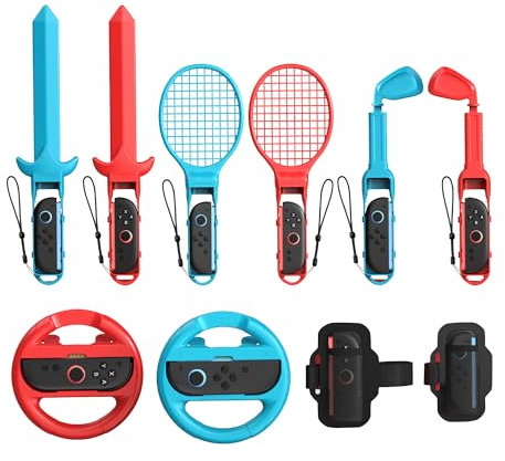 Sports Games Accessories Bundle Compatible with Switch 2, 10 in 1 Family Accessories Kit with Steering Wheels,Strap,Golf Clubs,Tennis Rackets,Sword, Compatible with Nintendo Switch 2/Switch/OLED
