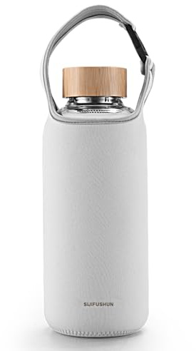 SIJIFUSHUN Bottiglia d'acqua in vetro da 48 oz, vetro borosilicato trasparente con nuova manica spessa, termica con filtro in acciaio