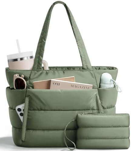Puffer Tote Bag for Women, Lightweight Puffy Work Handbag Teacher Nurse Quilted Shoulder Bag for School Travel Gym