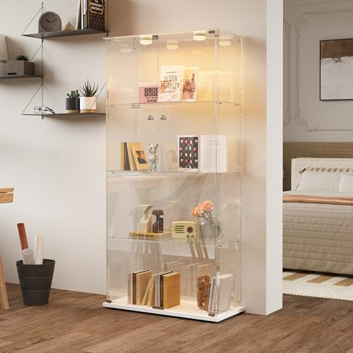 Vitrine für Sammlungen, groß, Glasvitrine mit Licht, 163 x 35 x 78,5 cm, Vitrine mit LED, 2 Türen, 4 Einlegeböden, transparent (2 Türen, 4 Etagen, Weiß A)