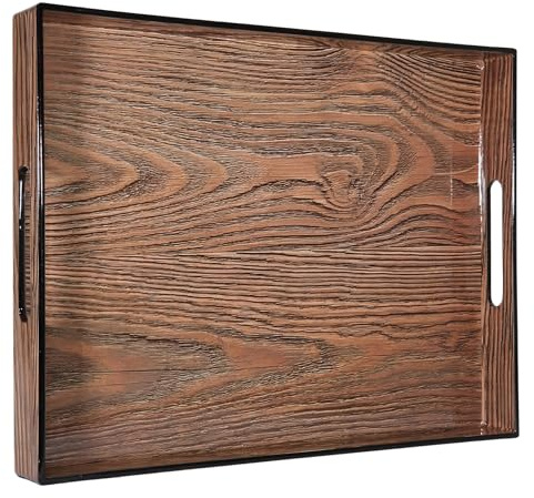 Heaven4you Serving Tray 40x30cm Wood Effect Gloss Gold Trim Handles Large