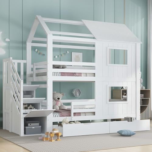 Gxffipw Etagenbett 2 Kinder Hausbett 90x200 cm mit Rausfallschutz und Schublade, Kinderbett Hochbett mit Treppe und Ablagefächern, Holzbett Bettrahmen mit Fenster und Lattenrost, Weiß, Ohne Matratze