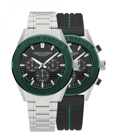 Aston Martin Herren Armbanduhr AML ICON Chronograph Silber mit Edelstahl- und Silikonarmband, Quarzuhrwerk, Mineral Glas, 10 bar, Gehäusedurchmesser: 45 mm, 10 bar, MTIB1F501