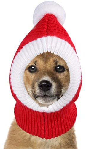 Hunde Weihnachtsmützen, Haustiere Dicke Gestrickte Wintermütze mit Bommel, Rot und Grüne, Elastischer Bündchen Nikolausmütze für Hund, Katzen