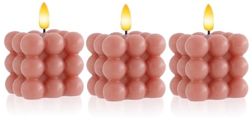 Meisterhome LED Kerzen Set 3er Altrosa – Bubble Design, Timer, 7,5x7,5 cm – Warmweißes Flackerlicht – Sicher & Dekorativ - Flammenlos – Batteriebetrieben