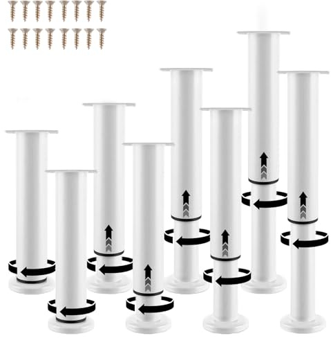 LDHHYH 8 Pièces Pied de Meuble Hauteur Réglable 18 à 30 cm, Support Blanc avec 32 vis M4x20, Pieds Télescopiques Ronds pour Armoire Canapé Lit Table et Meuble TV