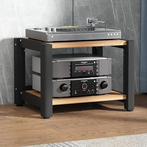 Walnut Stereo StandGaming & Turntable ShelfAV Media Corner Rack with Wooden ShelvesCD/DVD Display Cabinet for Projector PS5 Console & Cable Box (60x50x40cm)