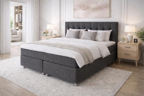 Tesla Dreams Boxspringbett 200x200 Ronda, 7 Zonen Taschenfederkern-Matratze H3/H4, 5 Jahre Garantie, Topper Latex, Unterbau Taschenfederkern, Montage verfügbar, Anthrazit