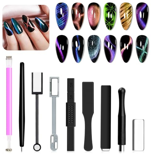 SUPWEE Cat Eye Magnet for Nails, 9PCS Gel Nail Polish Magnetic Tools Set | Strong Suction Cat Eye Nail Magnet Sticks Multi-functional Nails Art Tools for Home DIY Manicure Accessories