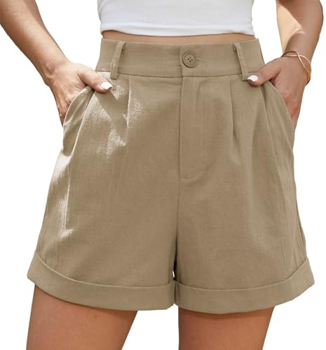 BEIGAI Damen Shorts Sommer Leinen High Waist Shorts mit Taschen