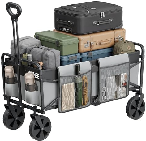 LARMNEE Faltbarer Handwagen, Gartenwagen, tragbarer Campingwagen mit verstellbarem Griff und 4 verstärkten Rädern, Bollerwagen, bis 120 kg belastbar, für Camping, Garten, Schwarz und Grau EBG01BW02