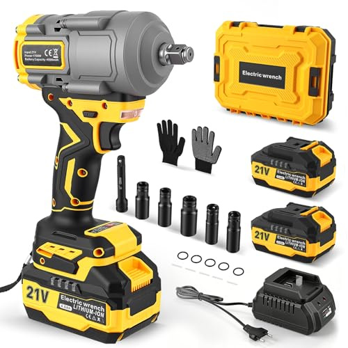 GJCrafts Llave de Impacto Inalámbrica 1600N.m con 2x 4.0Ah Baterías, 1/2 Pistola de Impacto Batería, 0-3000 RPM, Eléctrica Llave de Impacto con 5 Llaves y Caja de Carcaj, para Coches Camiones