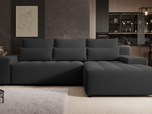 GRAINGOLD Vento Ecksofa mit Schlaffunktion und Bettfunktion, 280x184 cm, L-Form Sofa, Schlafcouch für Wohnzimmer, Geflechtstoff, 3-Sitzer Eckcouch, Ecksofa mit Stauraum (Schwarz)