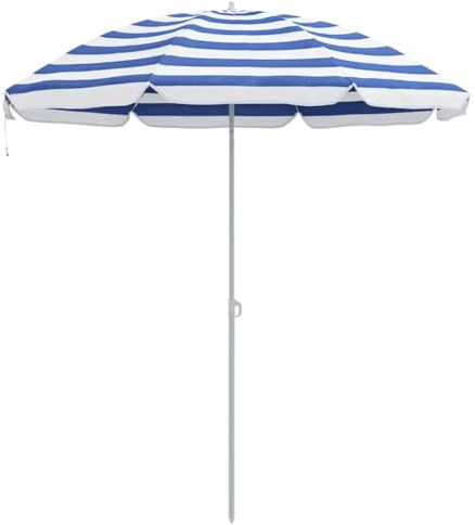 Foknhdi Sombrilla azul blanca 161 x 161 x 193 cm redonda de poliéster de fácil cuidado con marco metálico y manivela para balcón, camping, jardín, playa