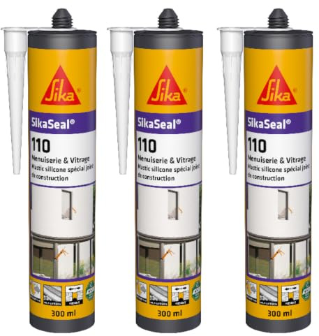 SIKA - Mastic silicone de construction - SikaSeal-110 Menuiserie & Vitrage blanc PVC - Joints de menuiserie et vitrage - Extérieur/intérieur - 300 ml (Lot de 3)
