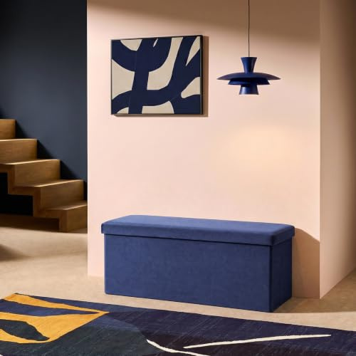 OHS Rectangle Ottoman Storage Box Folding Matte Velvet Bench with Lid, Navy